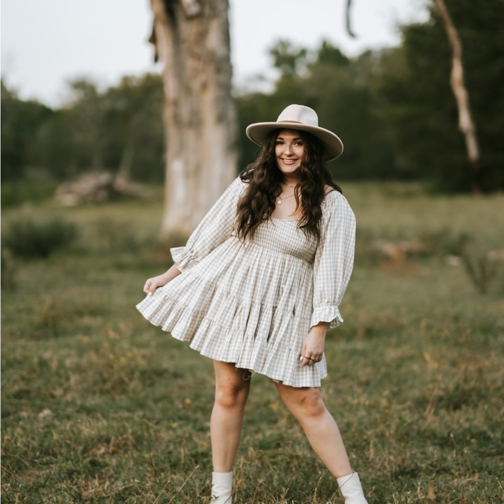 MARBLE Textured Beige Gingham Dress